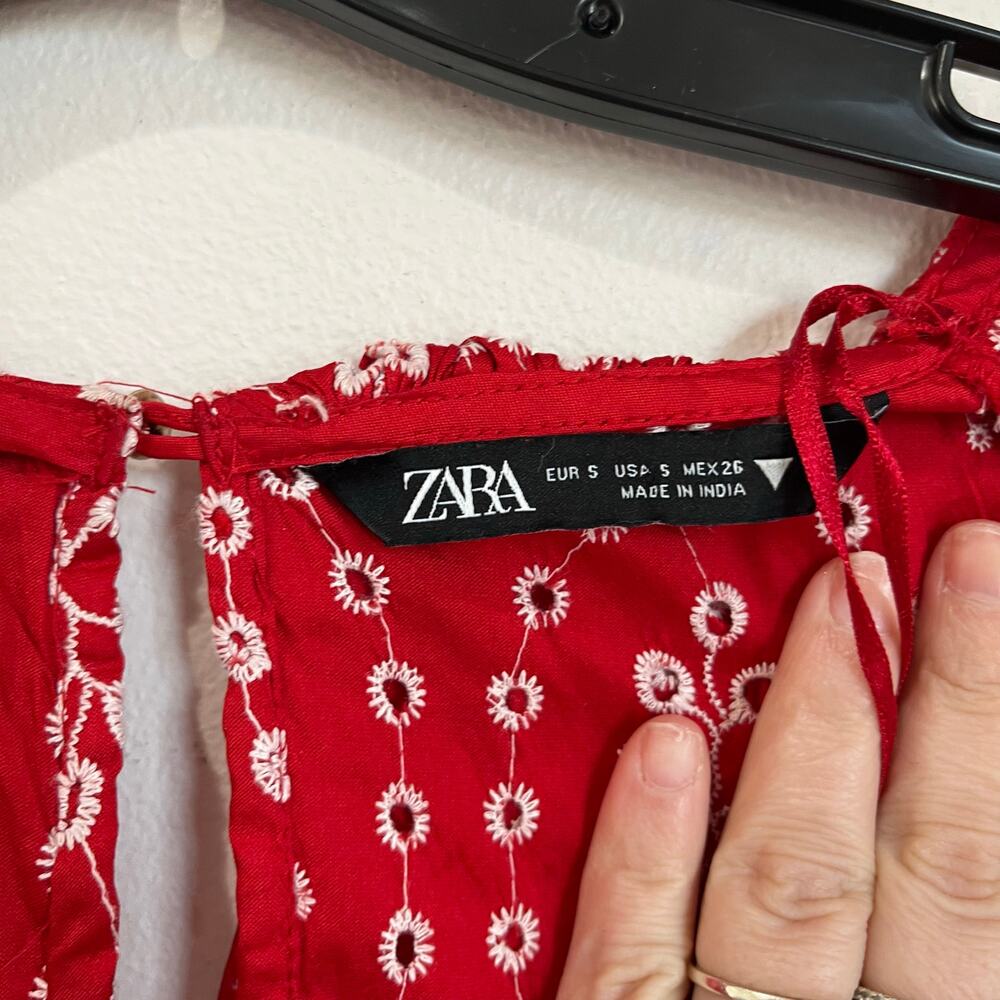 Zara Red Dress with Eyelet Embroidery Midi Length Size Small - Picture 6 of 16